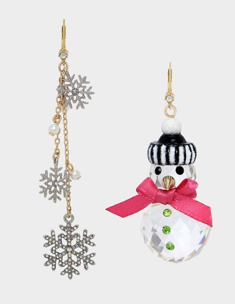 Women Betsey Johnson Rhinestone Jewelry Betseys Holiday Mismatch Snowman Earrings Rhinestone